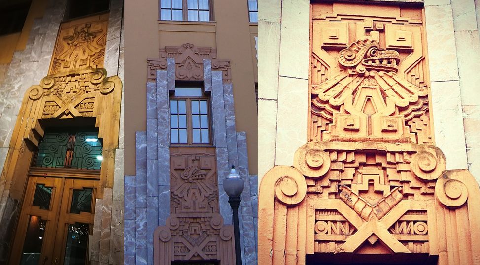 En detalle, la ornamentación precolombina en esta joya del Gijón Art Decó en la plaza San Miguel, 10