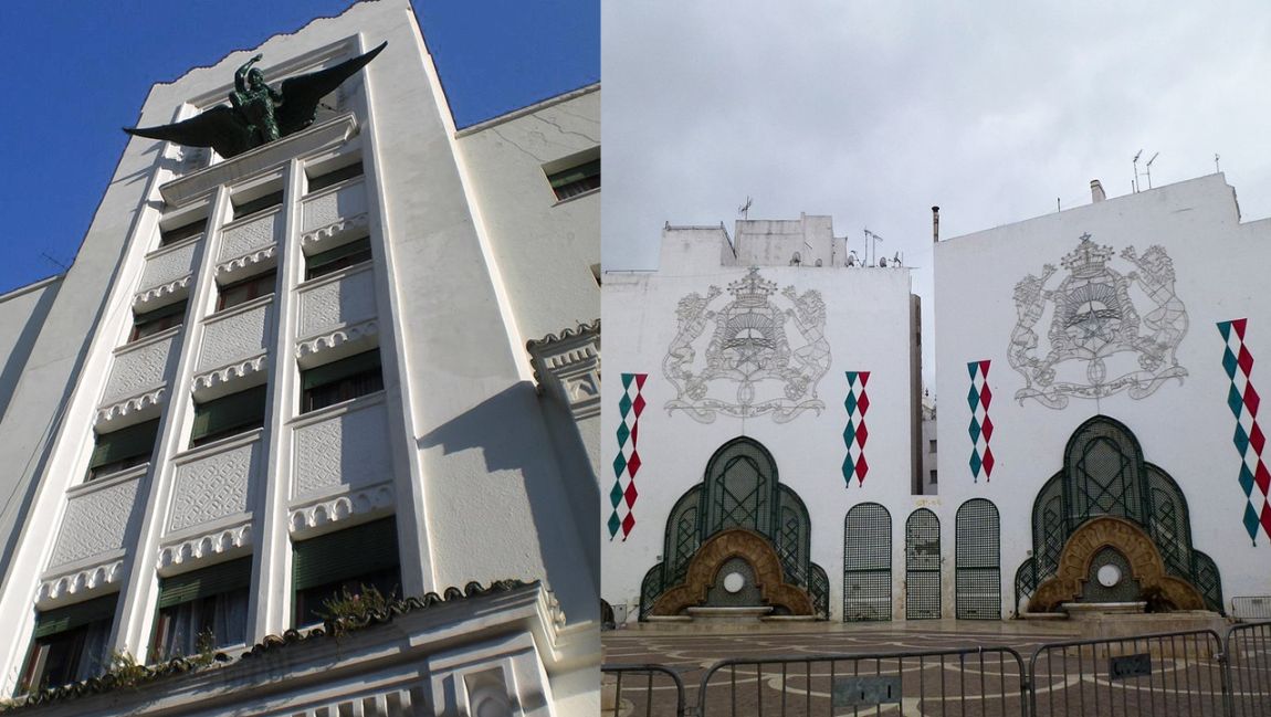 Edificio de La Unión y el Fénix de Tetuán y las fuentes de la plaza de Hassan II (forman parte de una de sus fachadas)