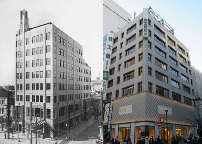 Antes y después del edificio 教文館 de Tokio