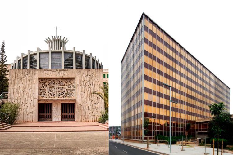 Iglesia de Nuestra Señora de los Ángeles en el Seminario Franciscano de La Porciúncula y el Edificio GESA de Josep Ferragut Pou